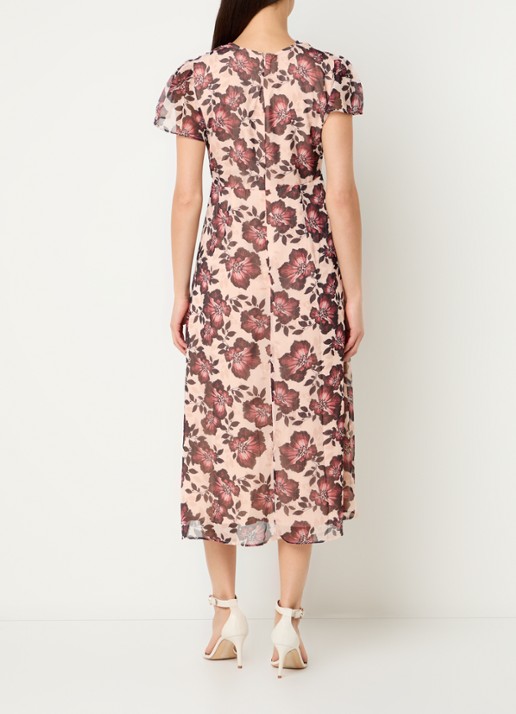 French Connection Elyse midi jurk met bloemenprint en sierknopen - achterkant 3 lichtroze