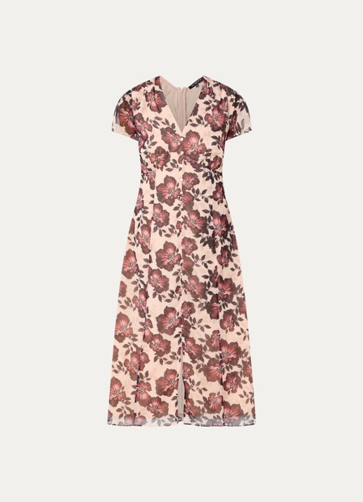 French Connection Elyse midi jurk met bloemenprint en sierknopen - voorkant lichtroze