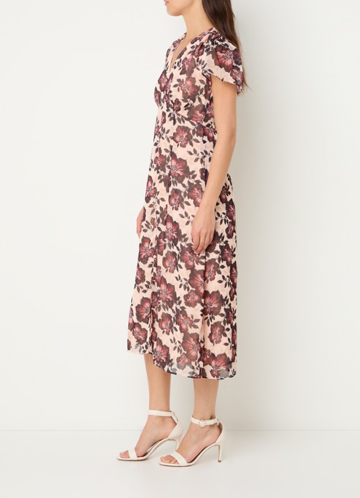 French Connection Elyse midi jurk met bloemenprint en sierknopen - voorkant 2 lichtroze
