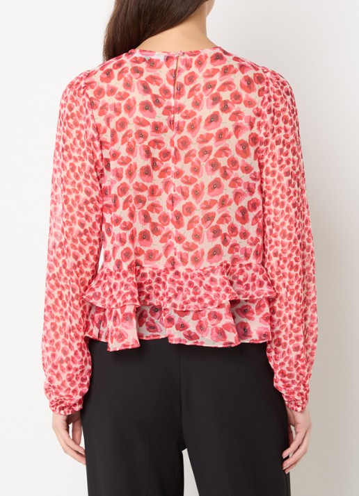 French Connection Emina semi-transparante tuniek met bloemenprint en ruches - achterkant donkerroze
