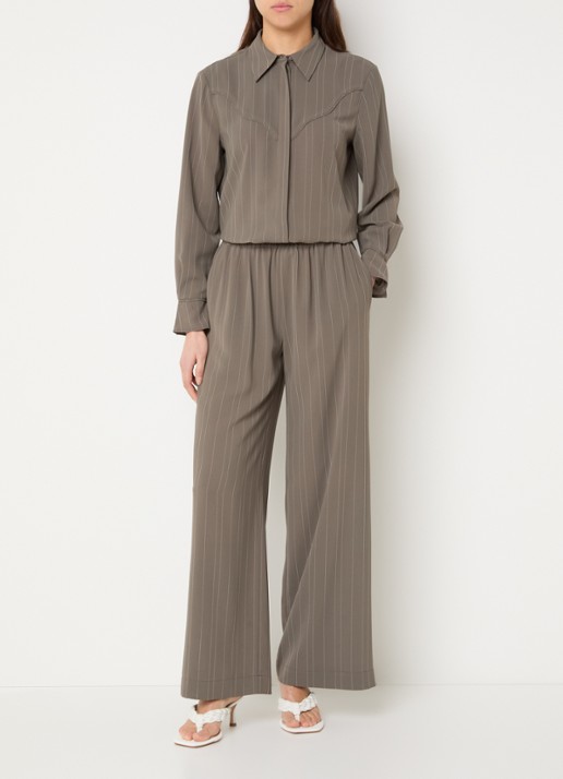 French Connection Erma high waist wide fit broek met krijtstreep en elastische band - voorkant 2 khaki