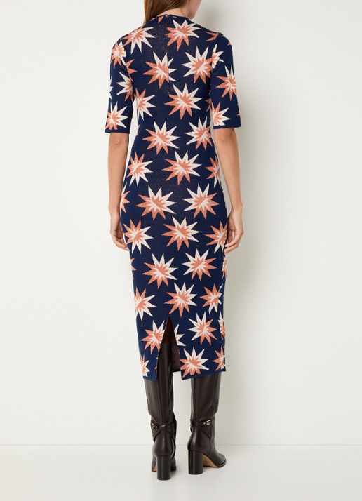 French Connection Fijngebreide maxi jurk met grafische print en lurex - achterkant 2 donkerblauw