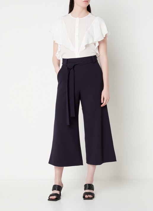 French Connection High waist wide fit culotte met strikceintuur - voorkant 4 donkerblauw