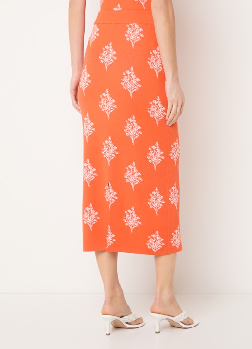French Connection Imelda fijngebreide midi kokerrok met print - achterkant 2 oranjerood