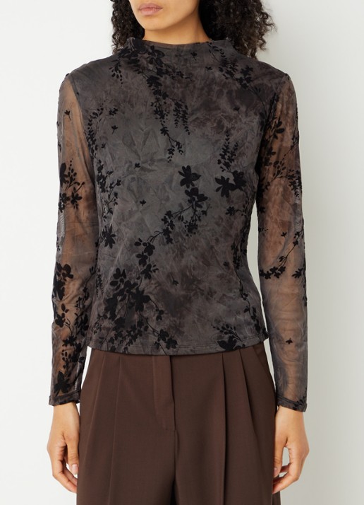 French Connection Kenny semi-transparante top van mesh - detail zwart