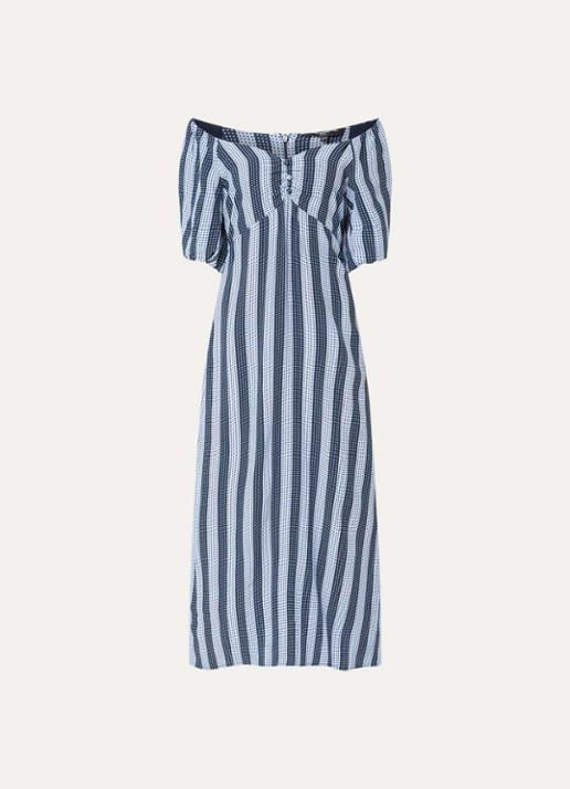 French Connection Lizzie off-shoulder midi jurk met streepprint - voorkant 3 kobaltblauw