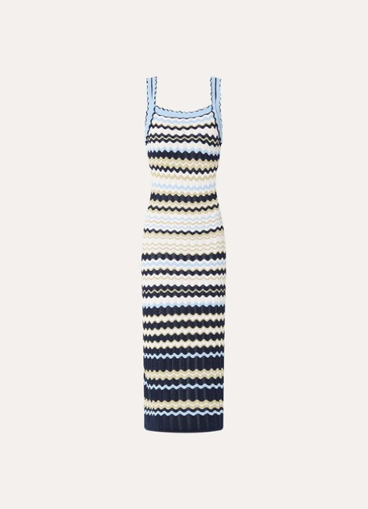 French Connection London fijngebreide midi jurk met opengewerkt dessin - voorkant 2 donkerblauw