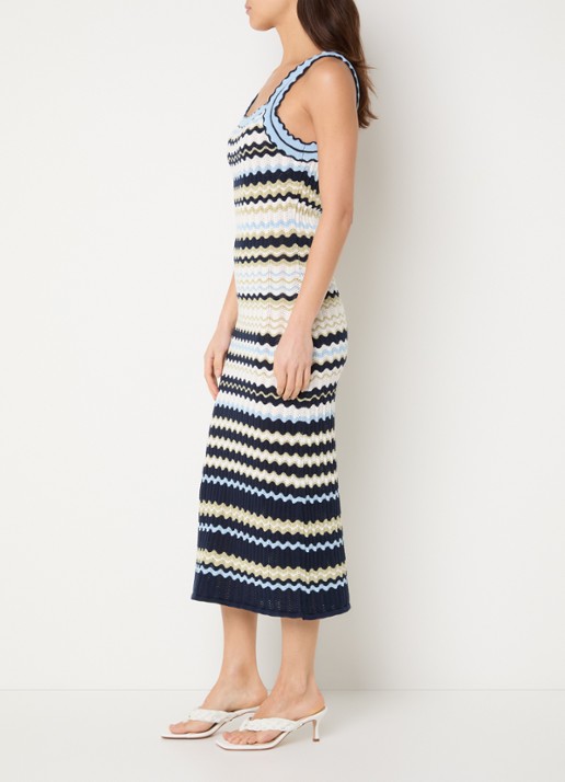 French Connection London fijngebreide midi jurk met opengewerkt dessin - voorkant 3 donkerblauw