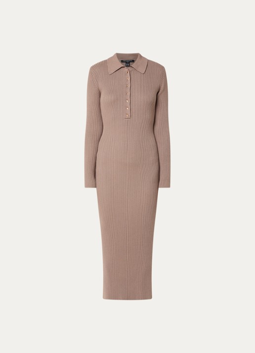 French Connection Mari ribgebreide midi jurk met polokraag - voorkant zand