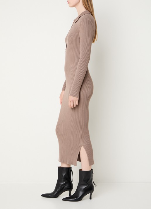 French Connection Mari ribgebreide midi jurk met polokraag - voorkant 2 zand