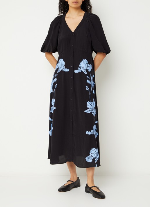 French Connection Nicola Lizzy midi blousejurk met bloemenprint - detail zwart