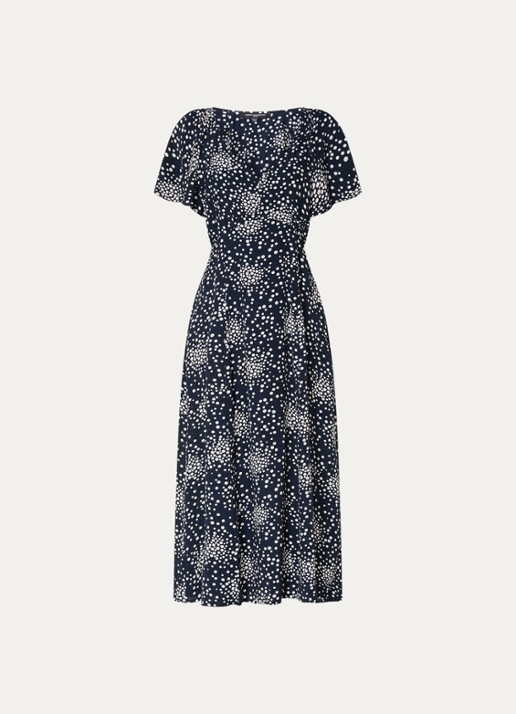 French Connection Thea Lizzie midi jurk met stippenprint - voorkant donkerblauw