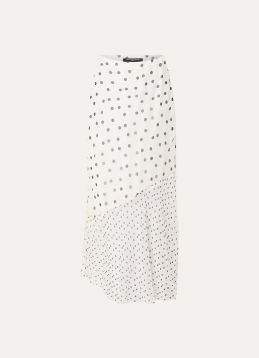 French Connection Valeria asymmetrische midi rok met stippenprint en volant - voorkant gebroken wit
