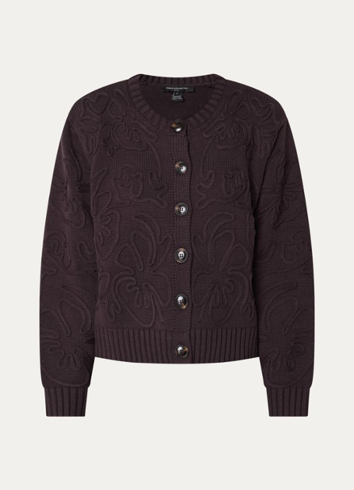 French Connection Varli grofgebreid vest met bloemborduring - voorkant donkerbruin