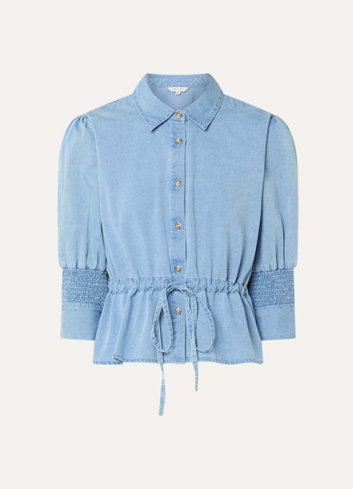 French Connection Zaves blouse van chambray met strikceintuur - voorkant lichtblauw