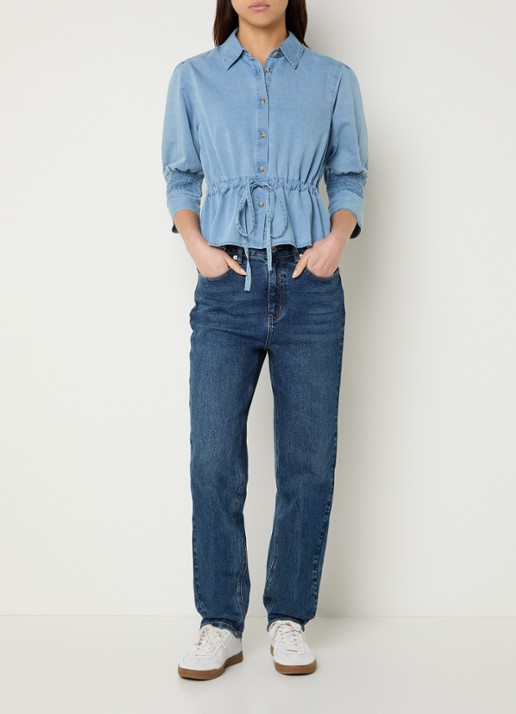 French Connection Zaves blouse van chambray met strikceintuur - voorkant 2 lichtblauw