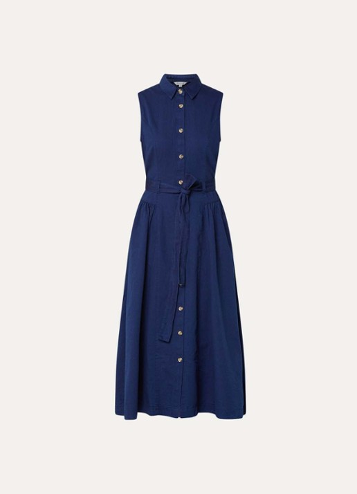 French Connection Zaves midi  blousejurk van chambray met strikceintuur - voorkant 2 donkerblauw