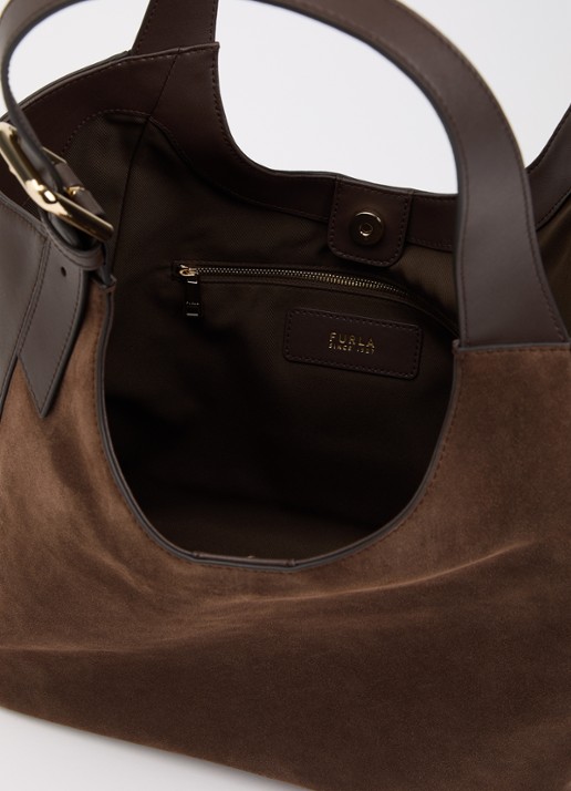FURLA Dora L schoudertas van suède met kalfsleren details - detail 3 bruin