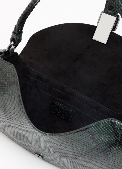 Ganni B-Kat Snake handtas van leer met slangenprint - detail donkerbruin