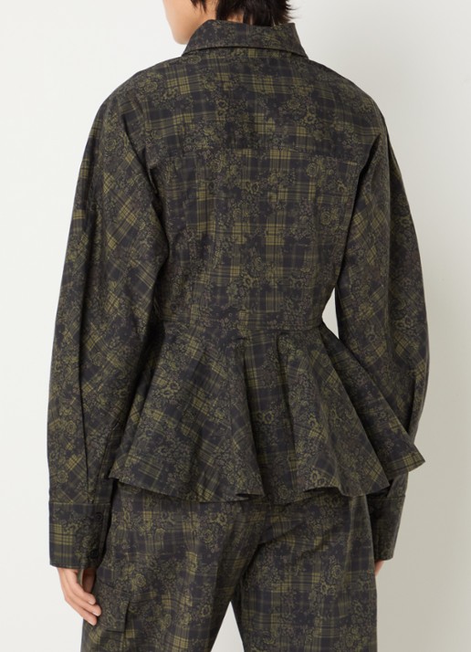 Ganni Blouse met peplum en ruitdessin  - achterkant 2 olijfgroen