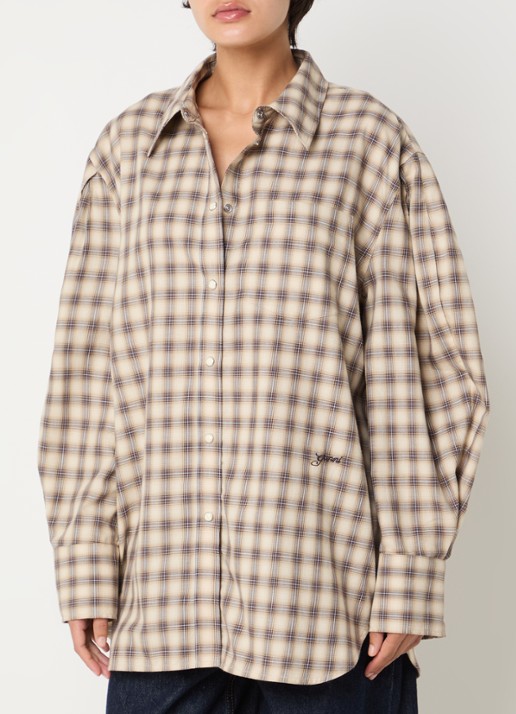 Ganni Blouse met ruitdessin en borstzak - detail beige