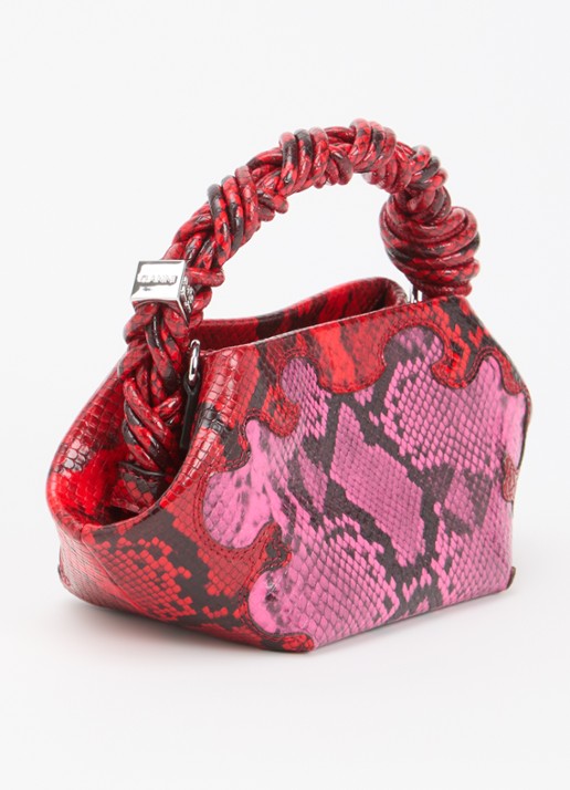 Ganni Bou Mini handtas met slangenprint en afneembare schouderriem - achterkant fuchsia