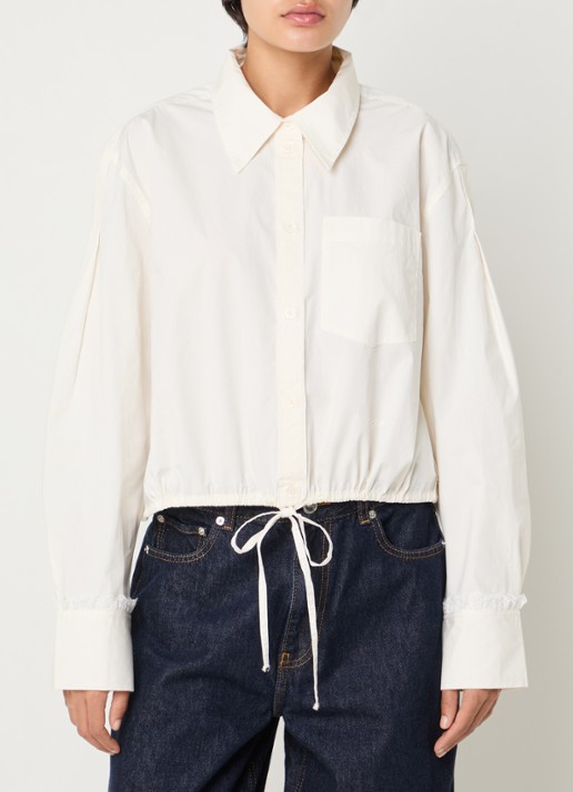 Ganni Cropped blouse met trekkoord en details van kant - detail gebroken wit