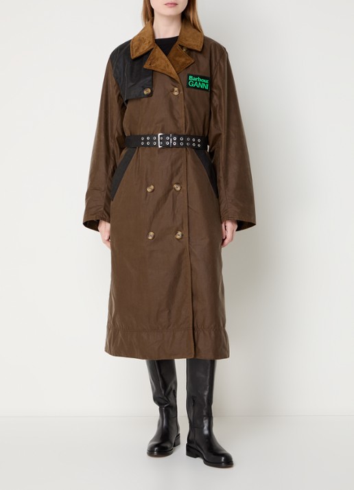 Ganni Double-breasted trenchcoat van  katoen met ceintuur en logo - detail 3 lichtbruin