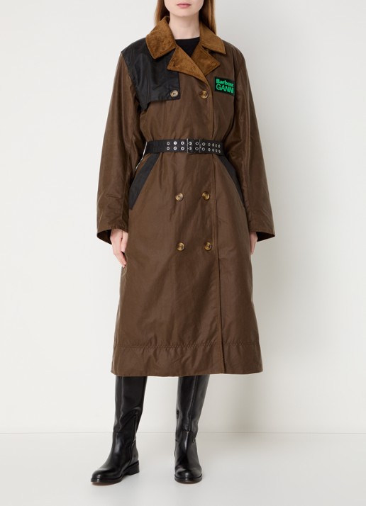 Ganni Double-breasted trenchcoat van  katoen met ceintuur en logo - voorkant 2 lichtbruin