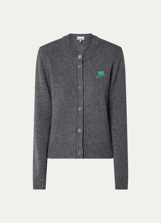 Ganni Grofgebreid vest in wolblend met logoborduring - voorkant 2 middengrijs