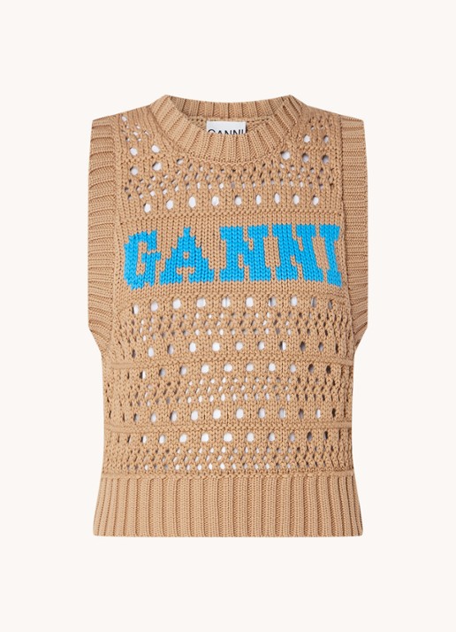 Ganni Grofgebreide spencer in  katoenblend met ingebreid logo - voorkant 2 camel