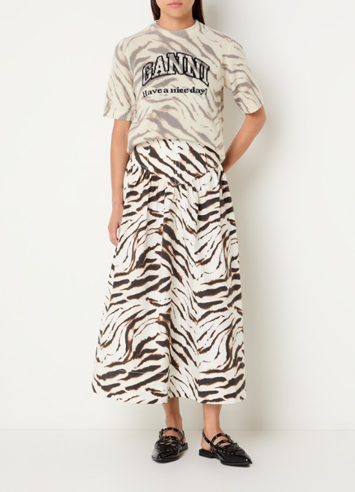 Ganni High waist midi rok met print - voorkant 4 gebroken wit