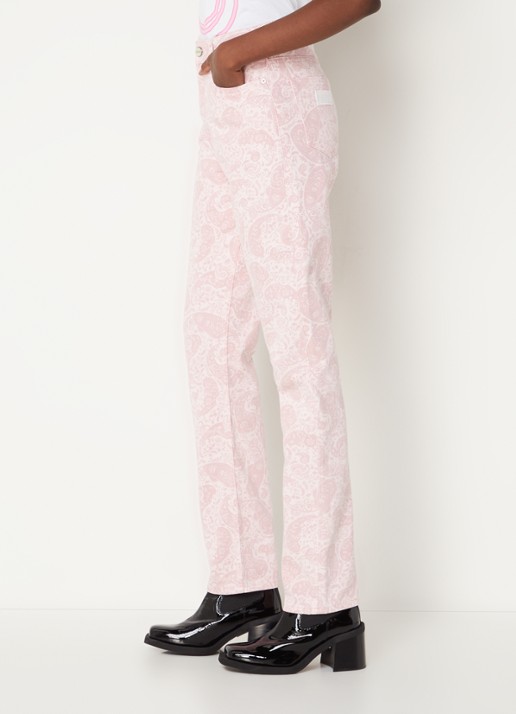 Ganni High waist straight leg jeans met paisley dessin - detail 2 lichtroze