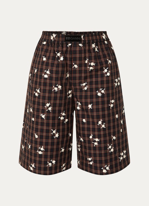 Ganni High waist wide fit korte broek met bloemborduring - voorkant 3 bruin