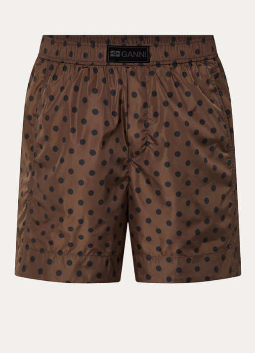 Ganni High waist wide fit korte broek met stippenprint en steekzakken - voorkant bruin