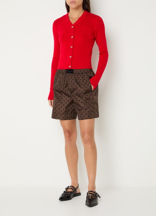 Ganni High waist wide fit korte broek met stippenprint en steekzakken - voorkant 2 bruin