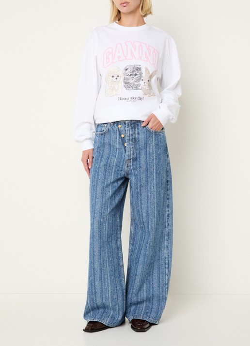 Ganni High waist wide leg jeans met streepprint - voorkant 4 indigo
