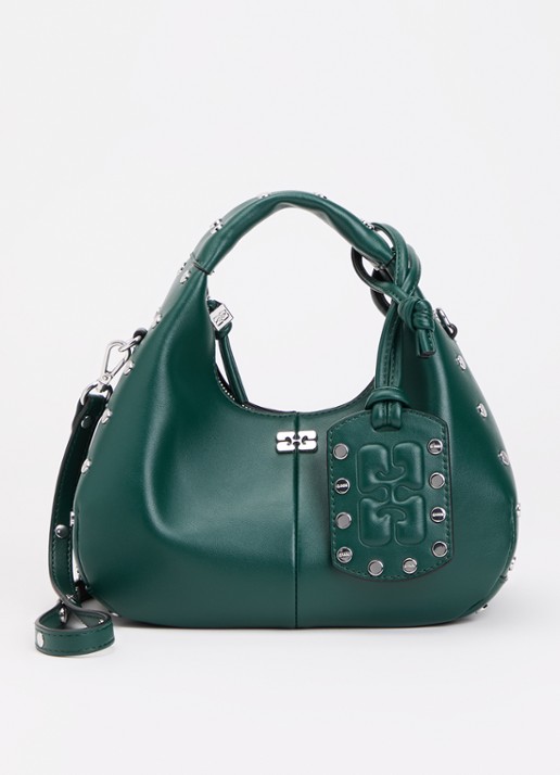 Ganni Hobo Mini handtas van leer met studs - voorkant groen