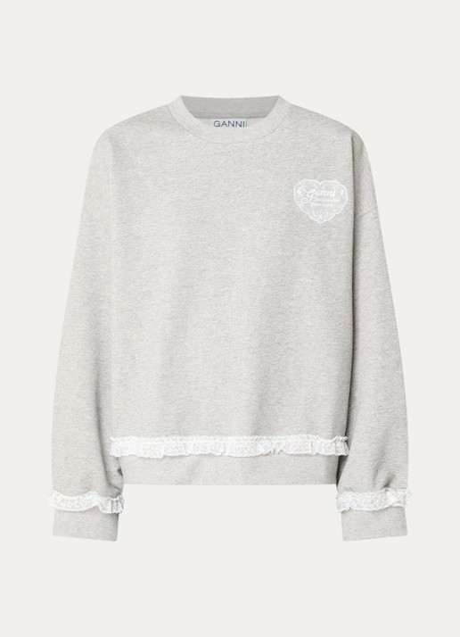 Ganni Isoli sweater met logo en details van kant - voorkant 2 grijsmele