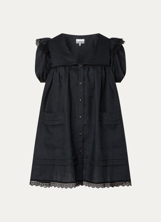 Ganni Mini blousejurk van linnen - voorkant 3 zwart