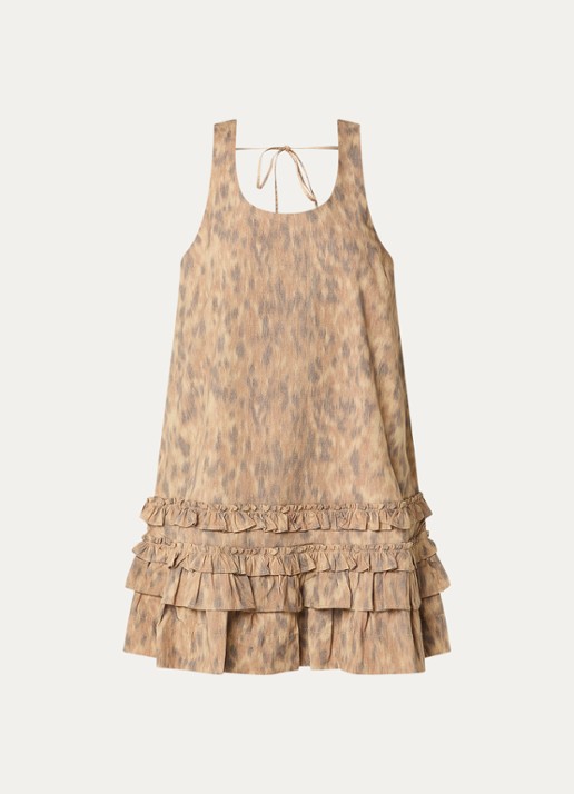 Ganni Mini jurk met panterprint en ruches - voorkant 3 lichtbruin