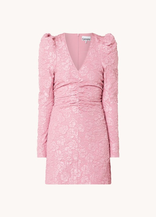 Ganni Mini jurk met structuur en pofmouw - voorkant roze