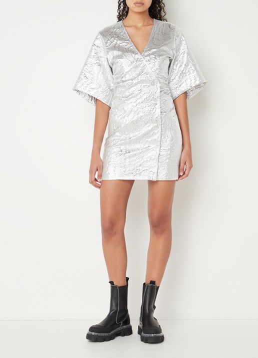 Ganni Mini wikkeljurk met metallic finish en structuur - voorkant 3 zilver