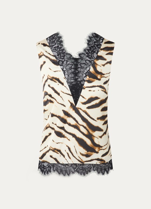 Ganni Mouwloze top van satijn met zebraprint en details van kant - voorkant gebroken wit