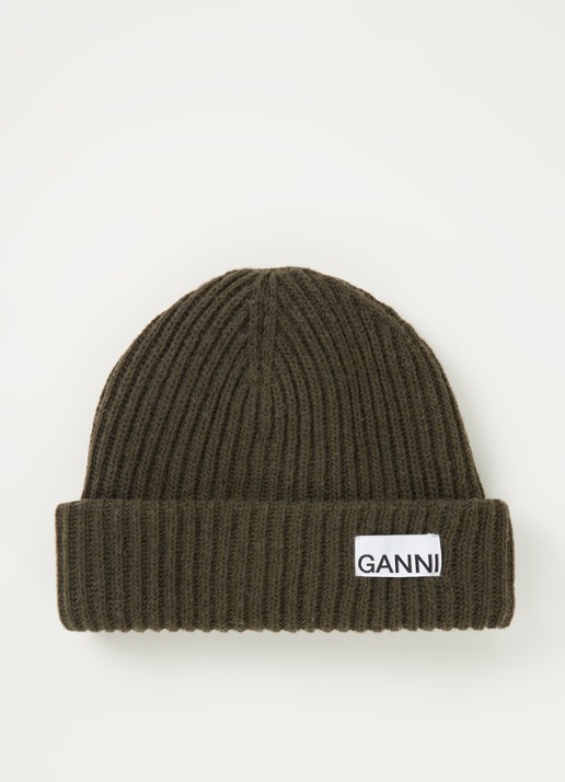 Ganni Muts in wolblend met logo - voorkant groen