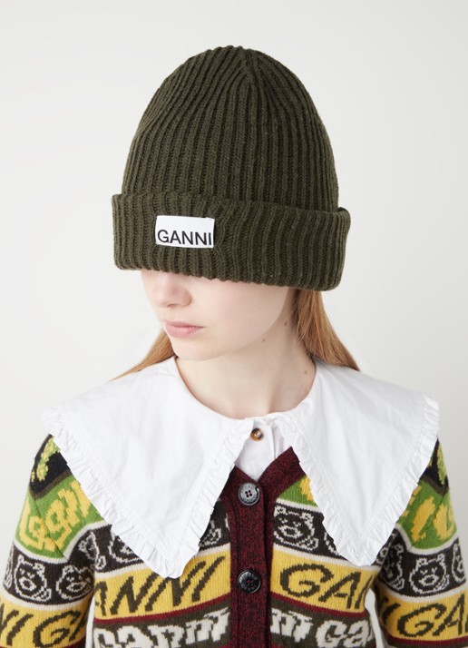 Ganni Muts in wolblend met logo - voorkant 2 groen