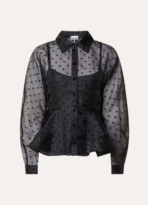 Ganni Semi-transparante blouse met stippenprint en peplum - voorkant 3 zwart
