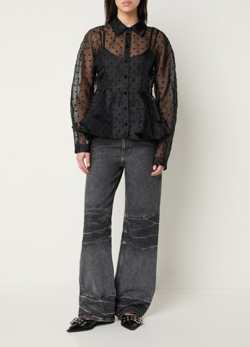 Ganni Semi-transparante blouse met stippenprint en peplum - voorkant 4 zwart