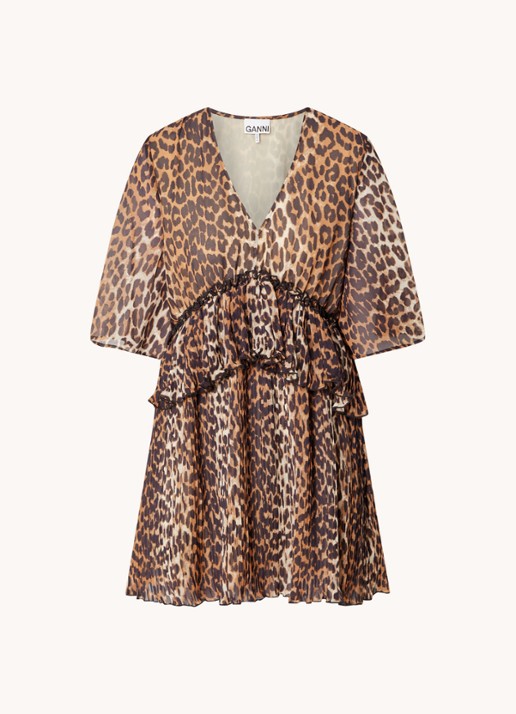 Ganni Semi-transparante mini tuniekjurk met volant en panterprint - voorkant 4 camel