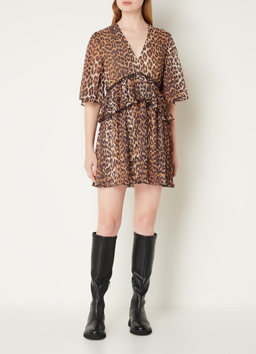Ganni Semi-transparante mini tuniekjurk met volant en panterprint - voorkant 5 camel
